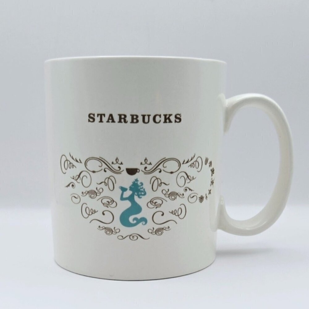 Starbucks Siren Mermaid Ceramic Coffee Mug White Turquoise Scroll Collectible